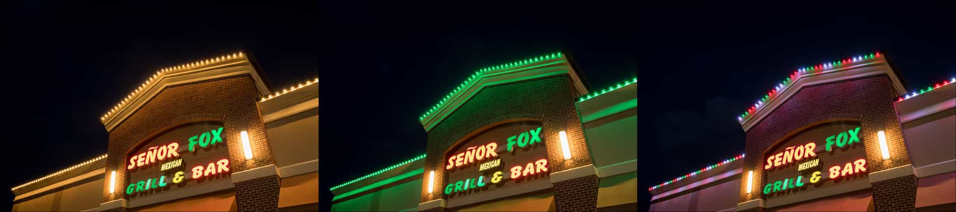 Senor Fox Grill & Bar with gold holiday lighting, green holiday lighting, and white, green and red holiday lighting.